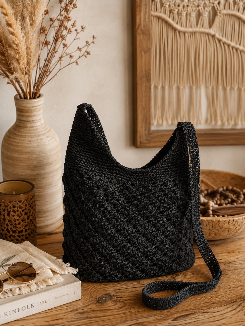 Handwoven Black Crochet Shoulder Bag for Women